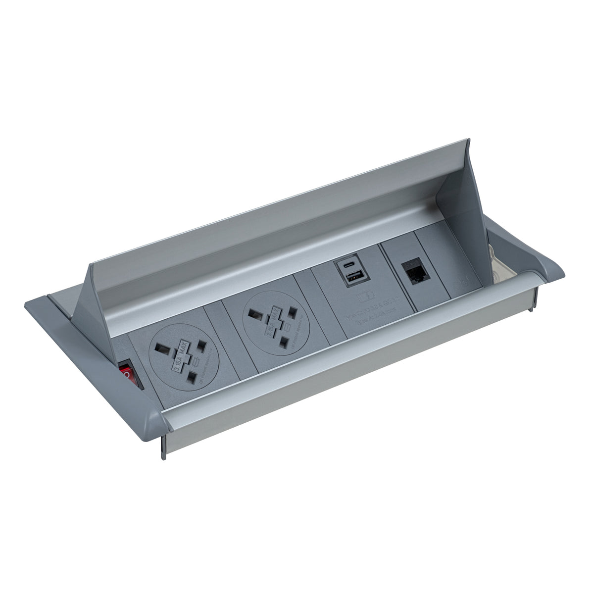 Aero flip top in-table power module  x UK sockets, 1 x RJ45 socket, 1 x twin USB fast charge - grey/silver - view 1