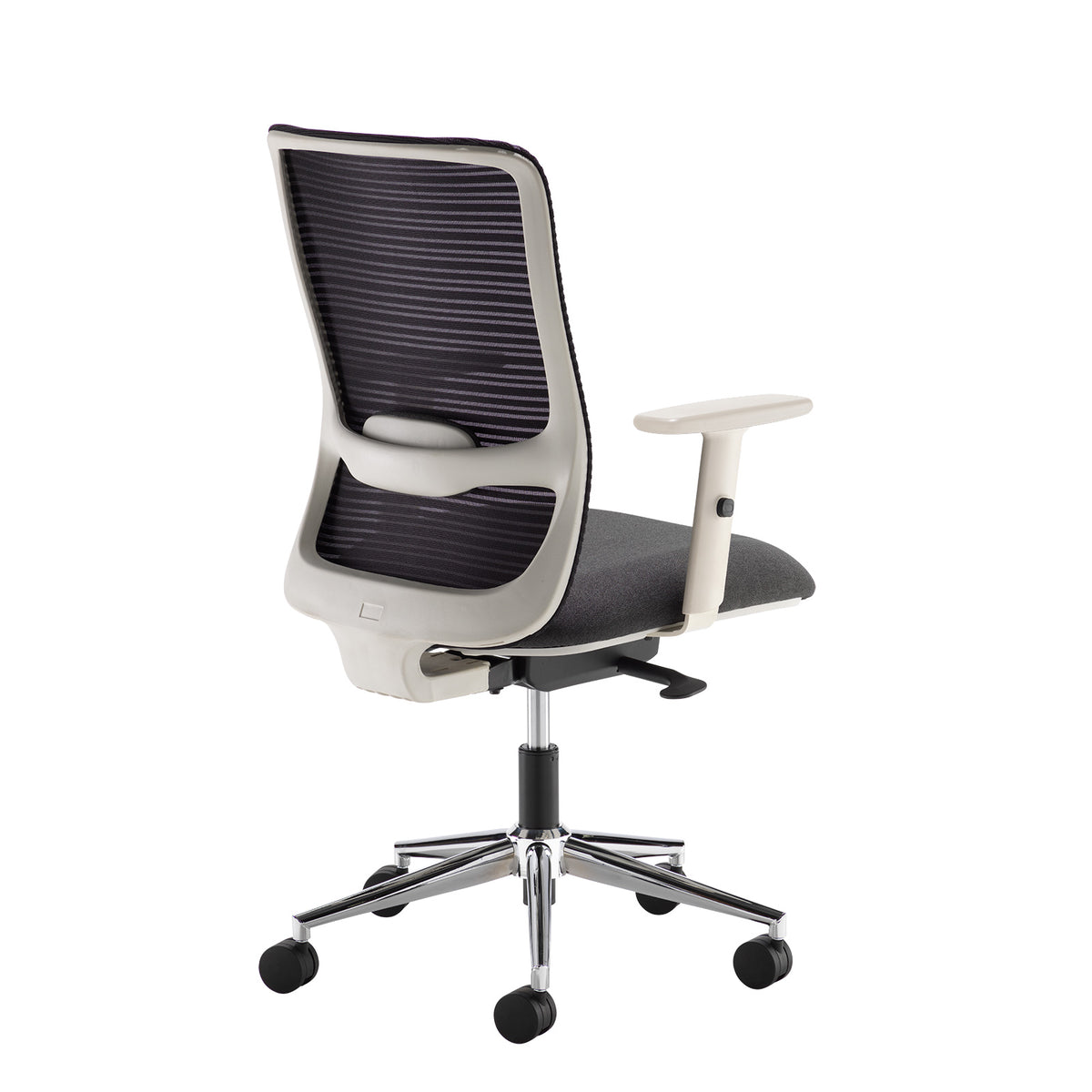 Arcade black mesh back operator chair with grey fabric seat, light grey frame and chrome base - view 3