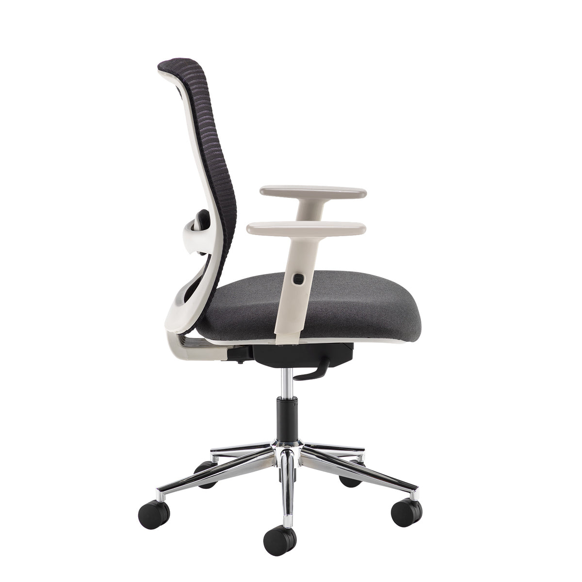 Arcade black mesh back operator chair with grey fabric seat, light grey frame and chrome base - view 2