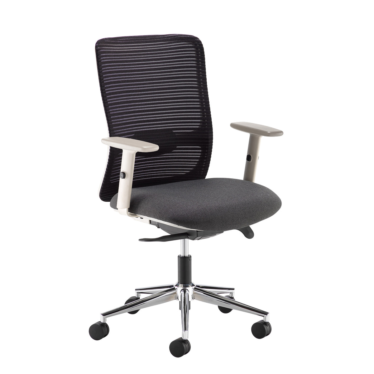 Arcade black mesh back operator chair with grey fabric seat, light grey frame and chrome base - view 1