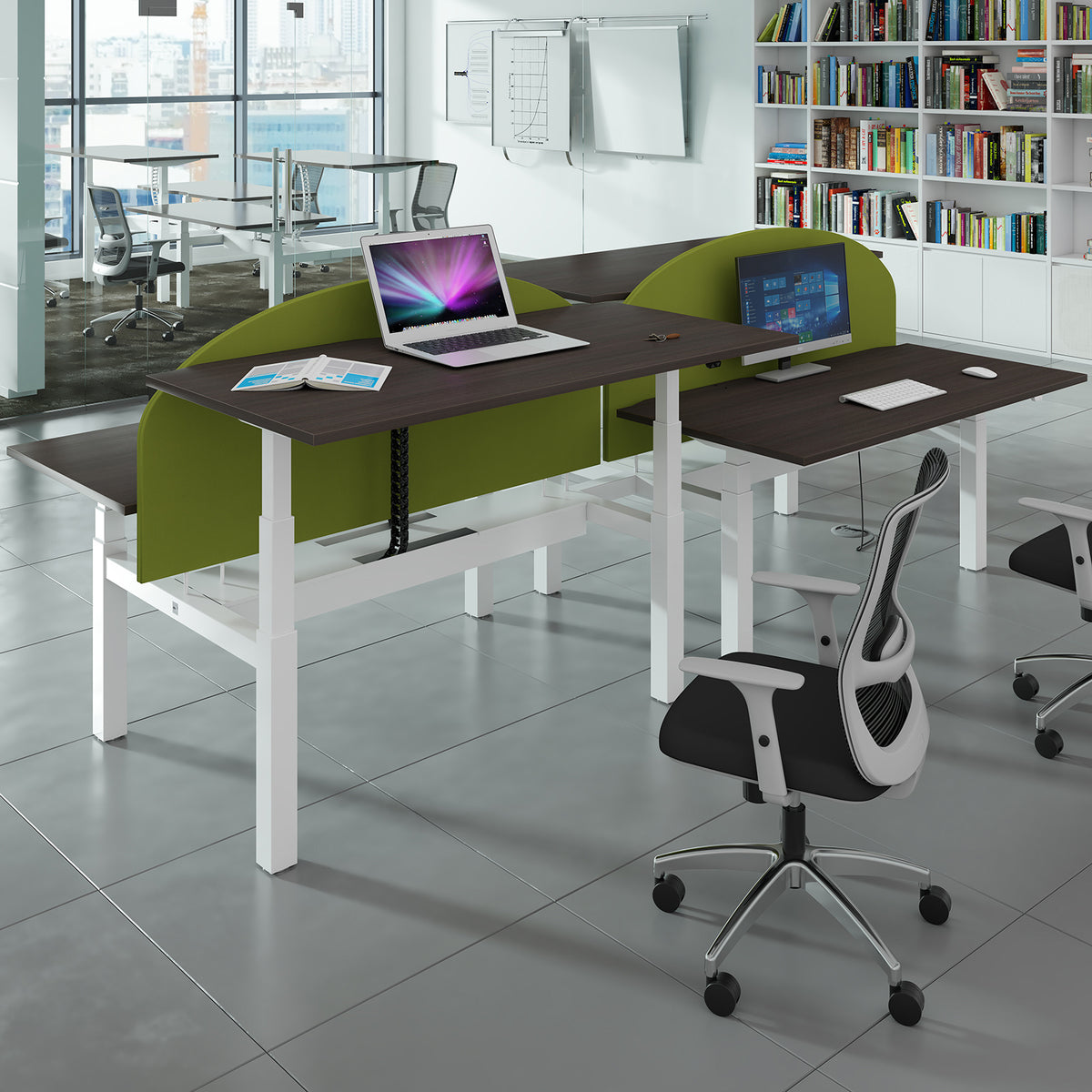 Arcade black mesh back operator chair with grey fabric seat, light grey frame and chrome base - view 5