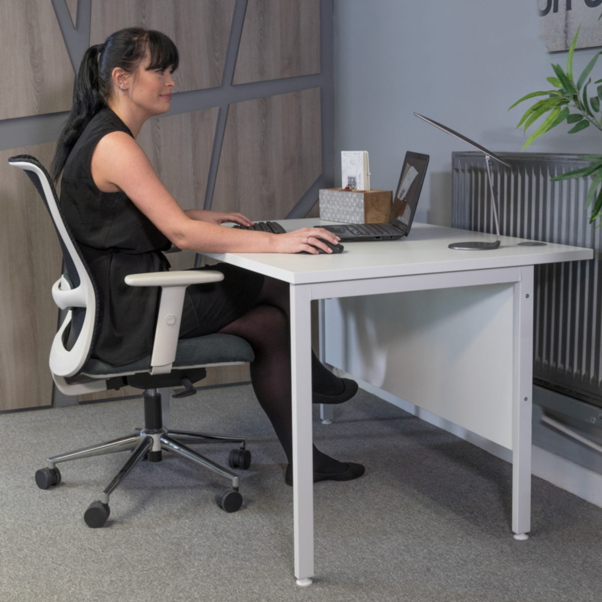 Arcade black mesh back operator chair with grey fabric seat, light grey frame and chrome base - view 4