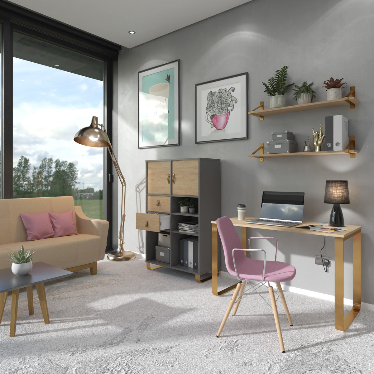 Cairo straight desk 1200mm x 600mm with sleigh frame legs - brass frame, Oak Top - view 2