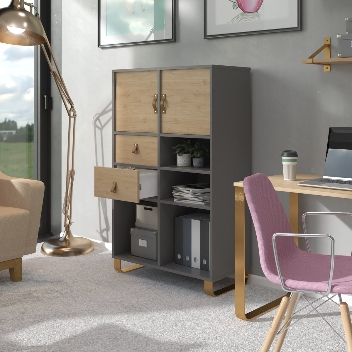 Universal cube storage unit 1295mm high on glides with matching shelf, 2 cupboards and drawers - oak with oak inserts - view 2