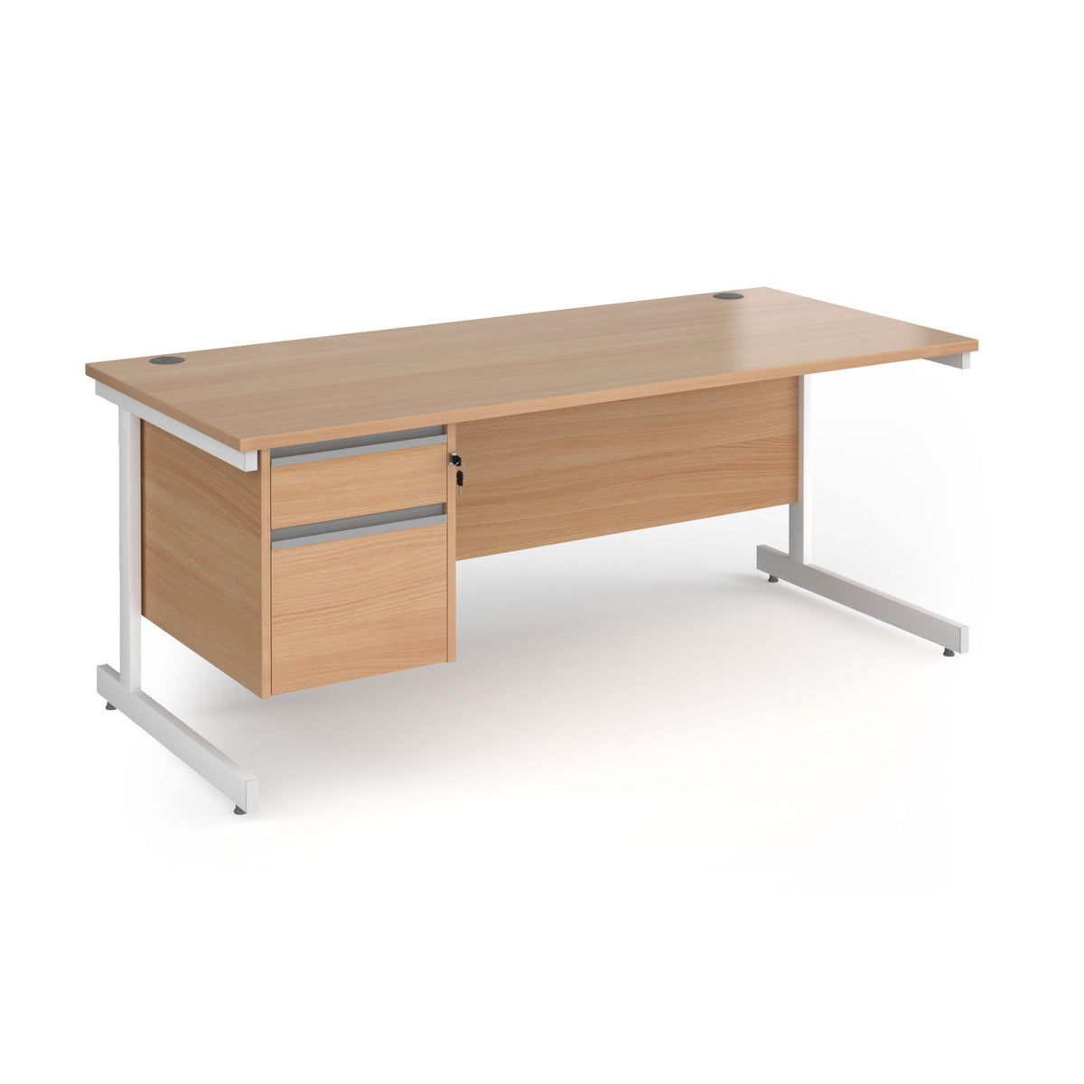 Contract 25 straight desk with 2 drawer pedestal and white cantilever leg 1800mm x 800mm - Beech top - view 1