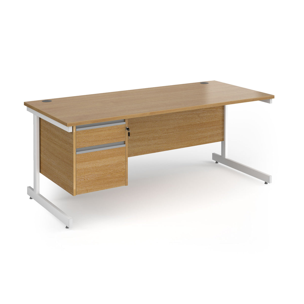 Contract 25 straight desk with 2 drawer pedestal and white cantilever leg 1800mm x 800mm - Oak Top - view 1
