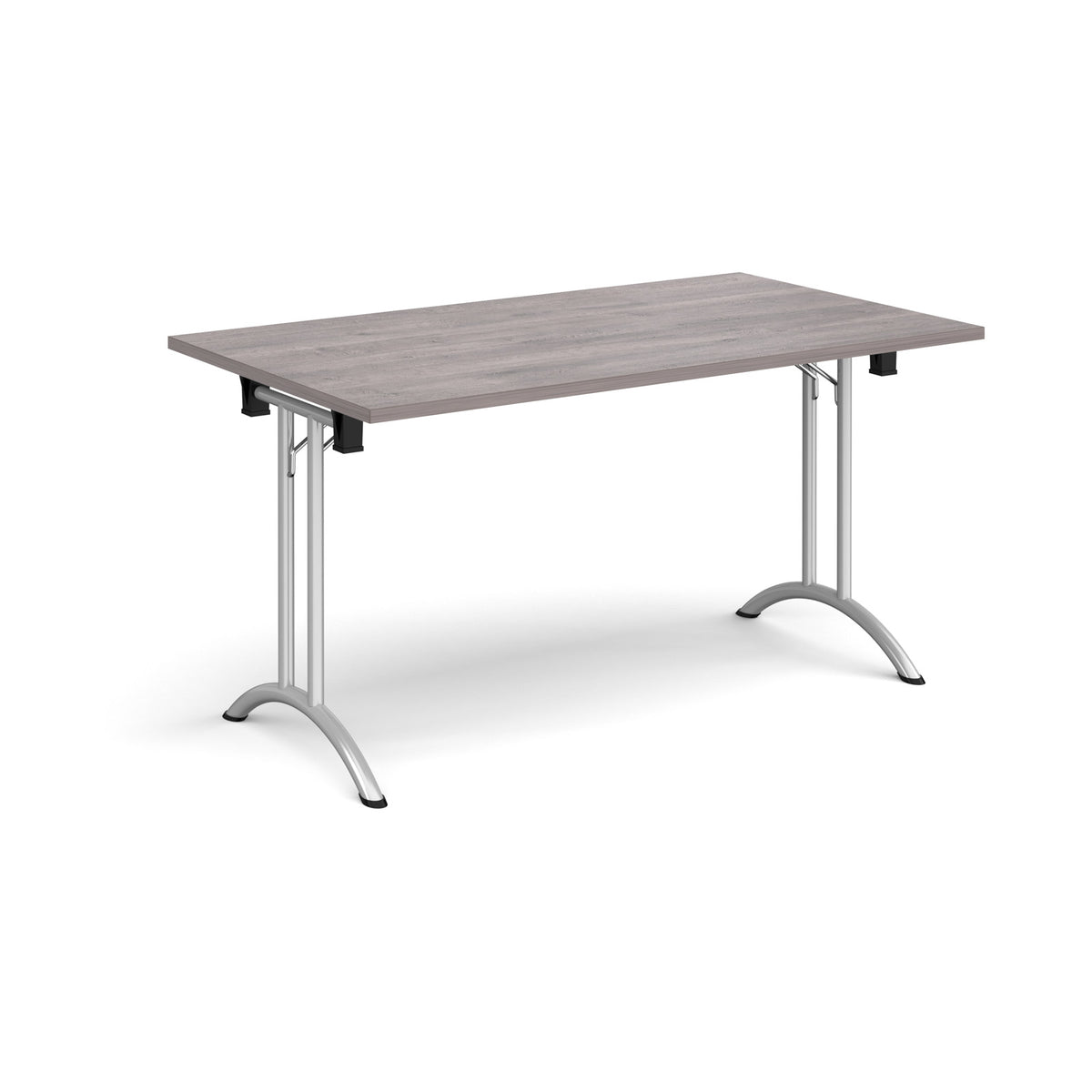 Rectangular folding leg table with silver legs and curved foot rails 1400mm x 800mm - Grey Oak - view 1