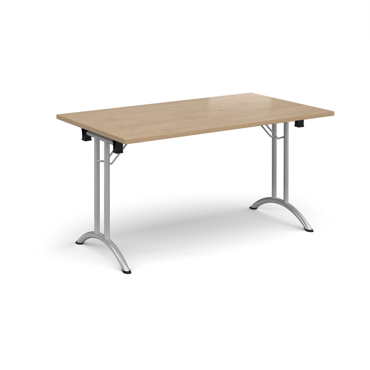 Rectangular folding leg table with silver legs and curved foot rails 1400mm x 800mm - Kendal Oak - view 1