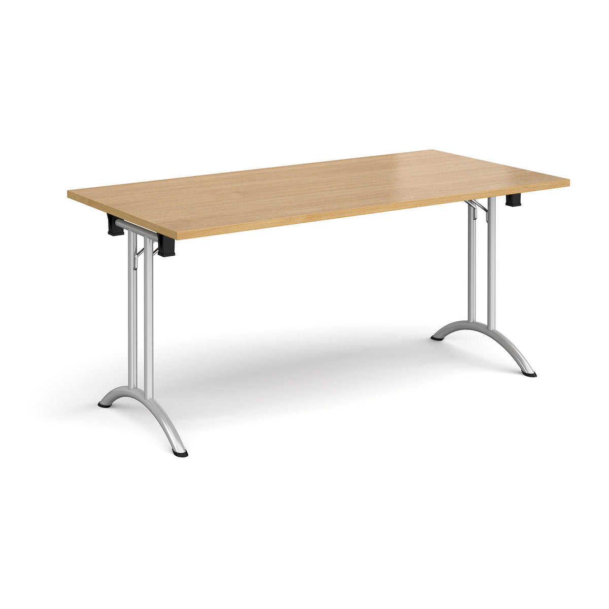 Rectangular folding leg table with silver legs and curved foot rails 1600mm x 800mm - oak - view 1