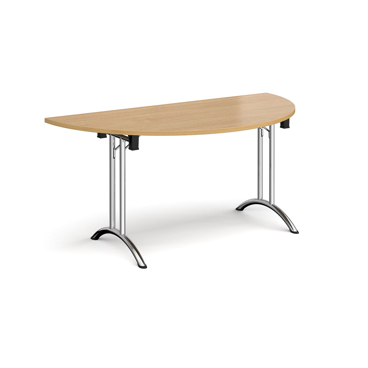 Semi circular folding leg table with chrome legs and curved foot rails 1600mm x 800mm - oak - view 1