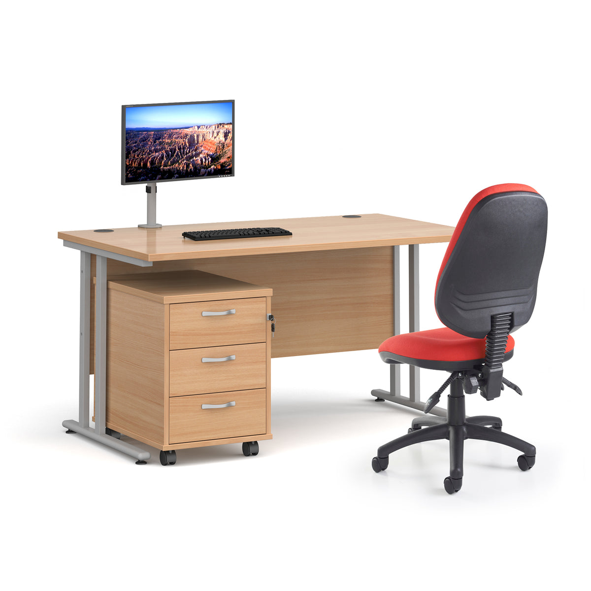 Maestro 25 straight desk 1200mm x 800mm with black cantilever frame and 3 drawer pedestal - Beech - view 3