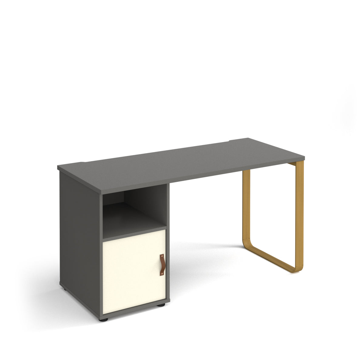 Cairo straight desk 1400mm x 600mm with sleigh frame leg and support pedestal with cupboard door - brass frame, grey finish with white door - view 1