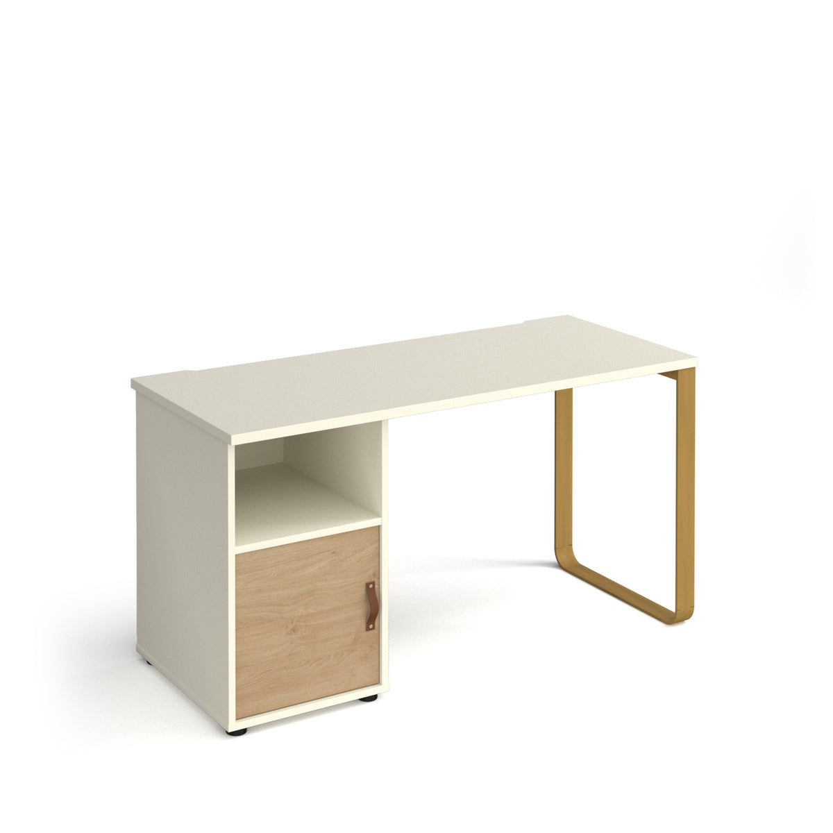 Cairo straight desk 1400mm x 600mm with sleigh frame leg and support pedestal with cupboard door - brass frame, white finish with oak door - view 1
