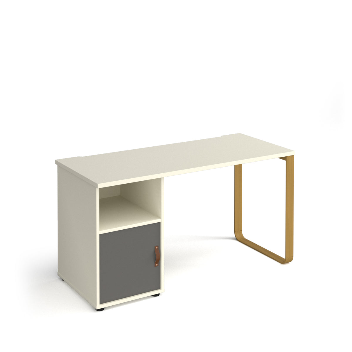 Cairo straight desk 1400mm x 600mm with sleigh frame leg and support pedestal with cupboard door - brass frame, white finish with grey door - view 1