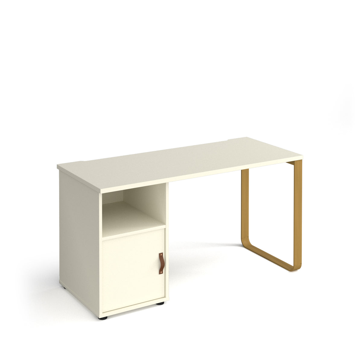 Cairo straight desk 1400mm x 600mm with sleigh frame leg and support pedestal with cupboard door - brass frame, white finish with white door - view 1