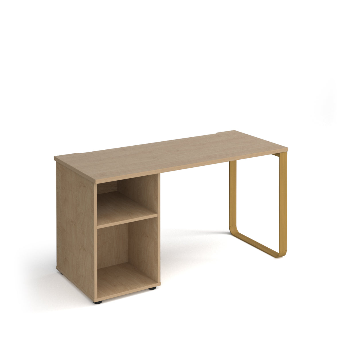 Cairo straight desk 1400mm x 600mm with sleigh frame leg and support pedestal - brass frame, Oak Top - view 1