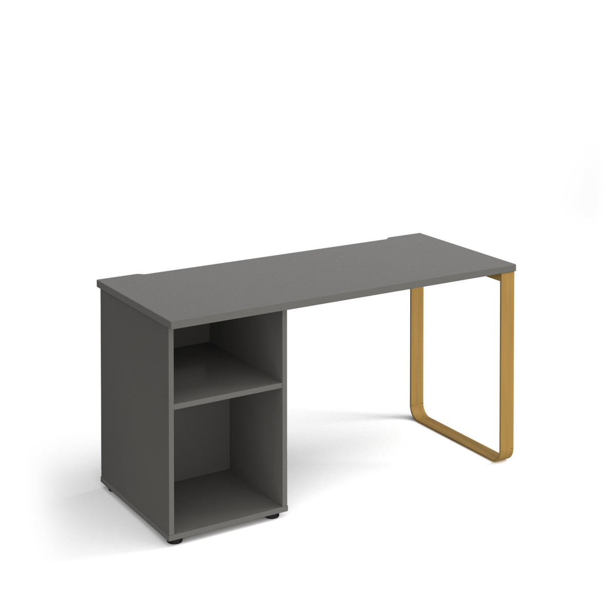 Cairo straight desk 1400mm x 600mm with sleigh frame leg and support pedestal - brass frame, grey top - view 1