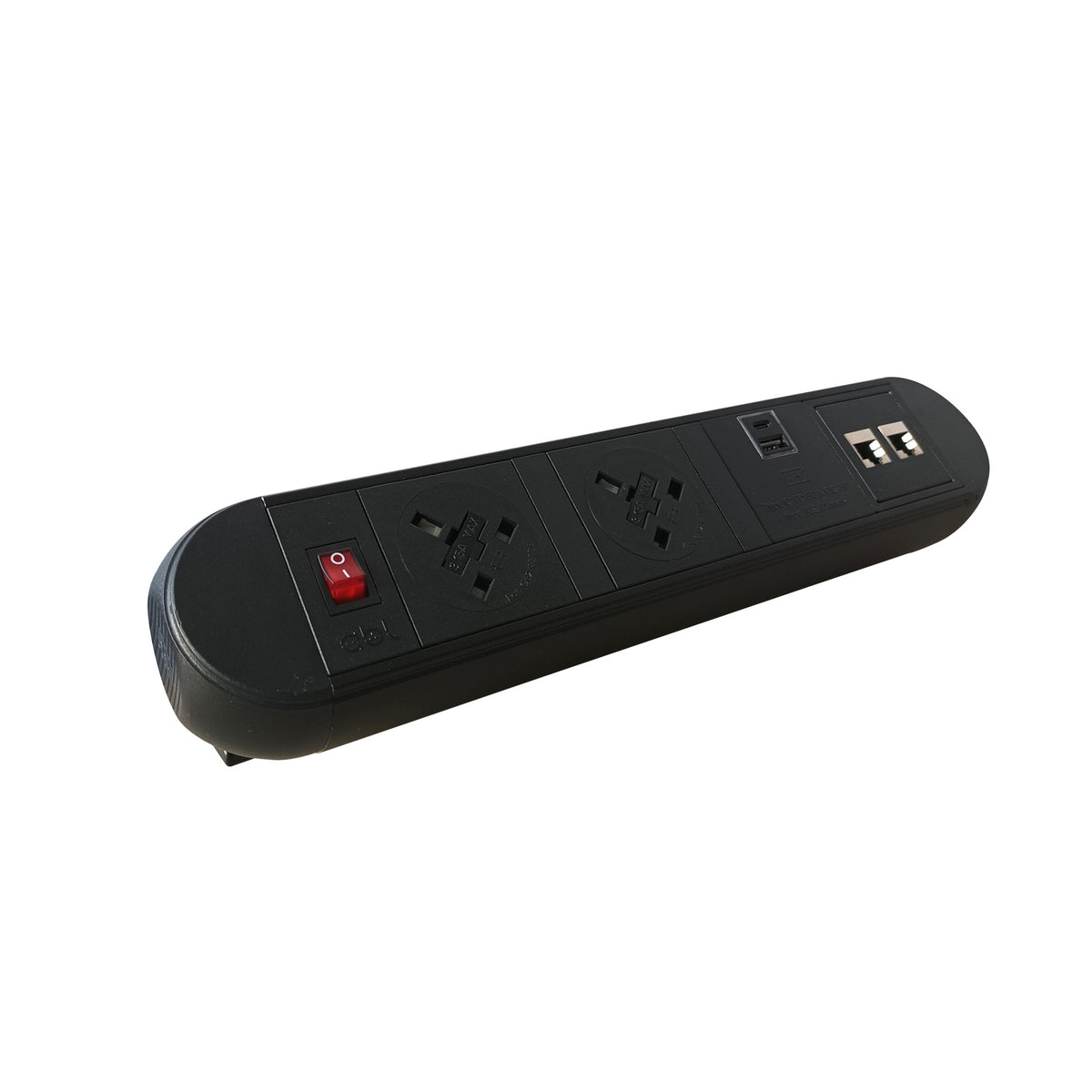 Chroma clip-on power module 2 x UK sockets, 1 x twin USB fast charge, 2 x RJ45 sockets - black - view 1