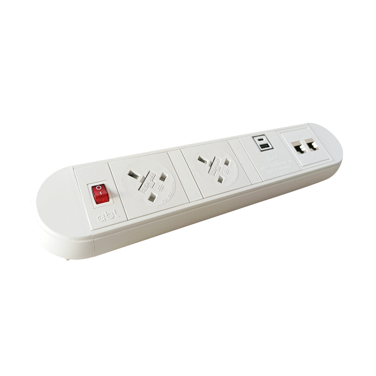 Chroma clip-on power module 2 x UK sockets, 1 x twin USB fast charge, 2 x RJ45 sockets - white - view 1