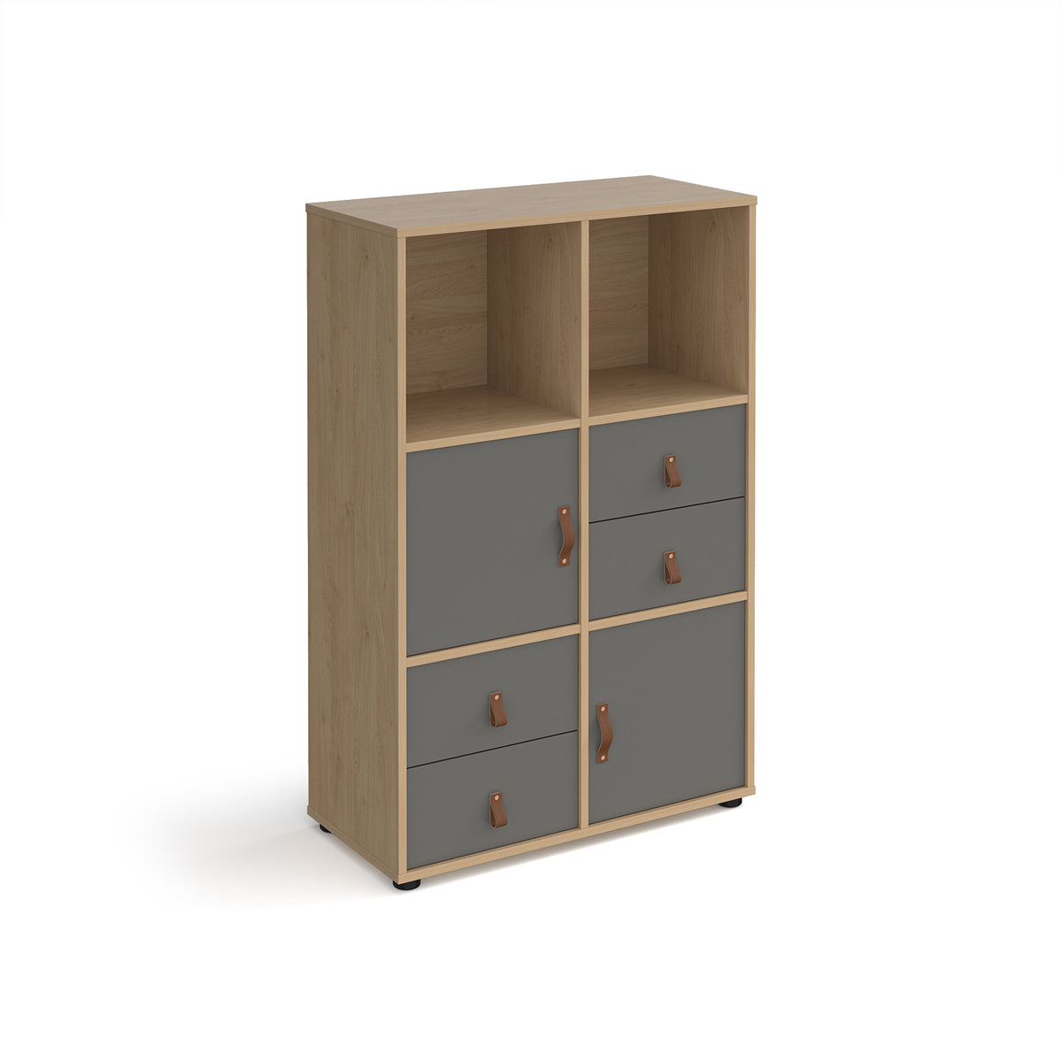 Universal cube storage unit 1295mm high on glides with 2 cupboards and 2 sets of drawers - oak with grey inserts - view 1