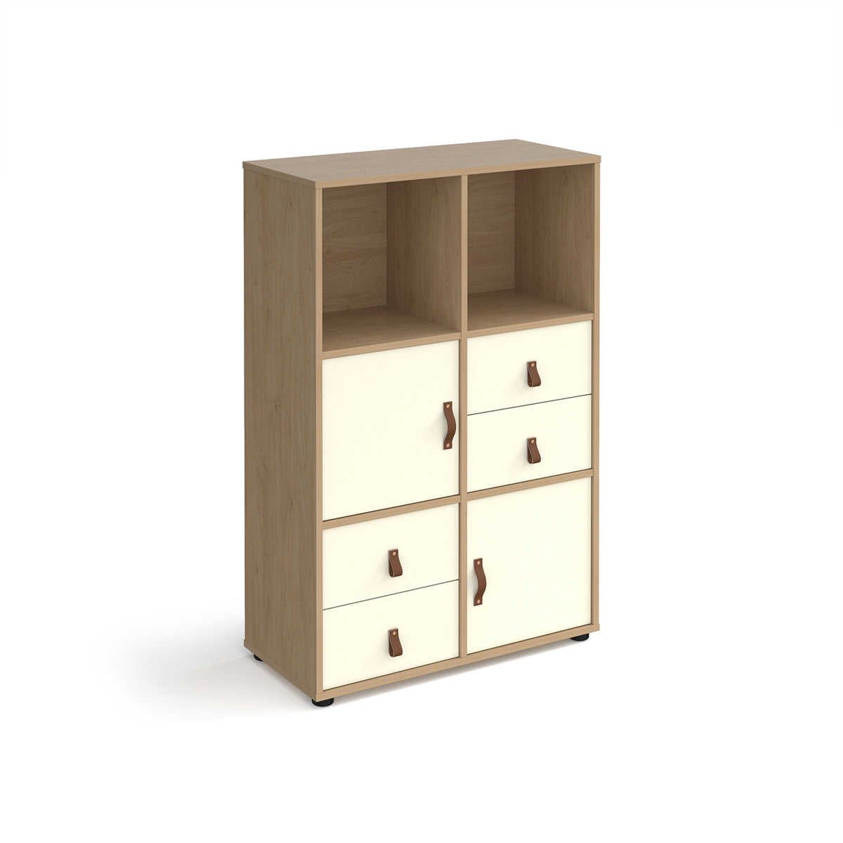 Universal cube storage unit 1295mm high on glides with 2 cupboards and 2 sets of drawers - oak with white inserts - view 1