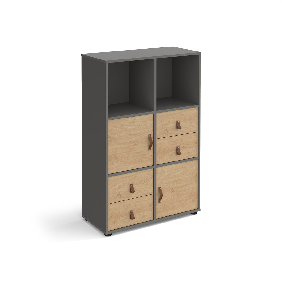 Universal cube storage unit 1295mm high on glides with 2 cupboards and 2 sets of drawers - grey with oak inserts - view 1