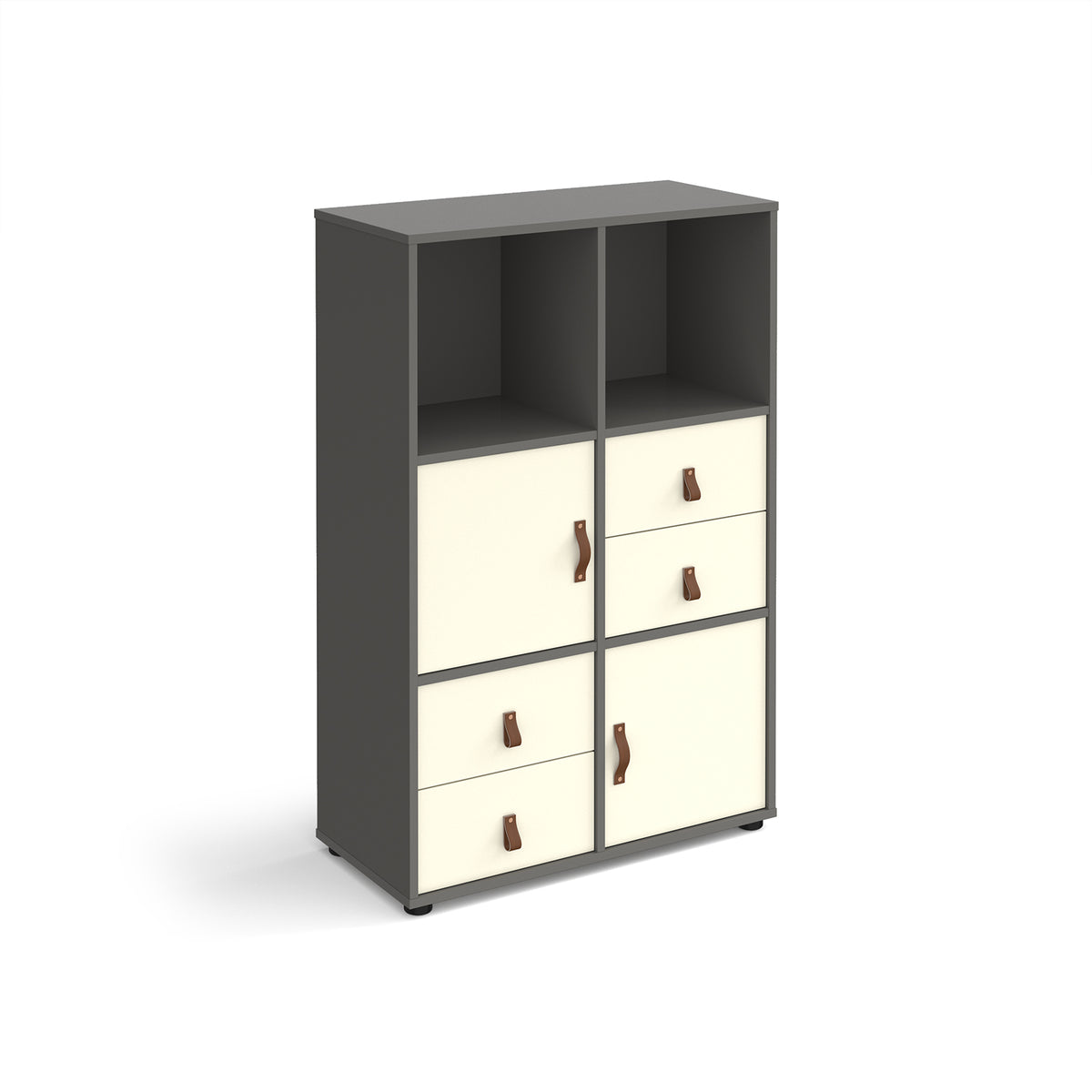 Universal cube storage unit 1295mm high on glides with 2 cupboards and 2 sets of drawers - grey with white inserts - view 1