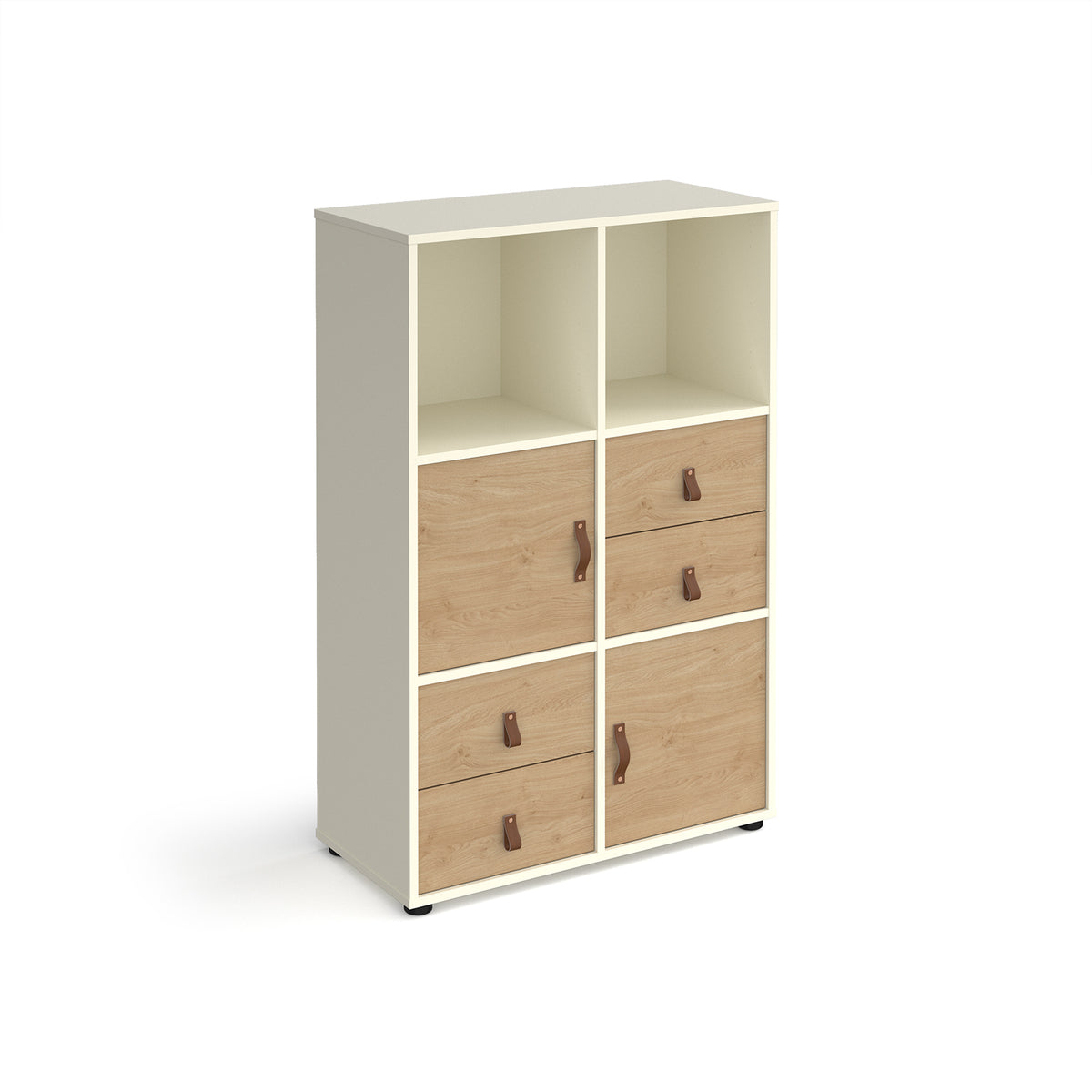 Universal cube storage unit 1295mm high on glides with 2 cupboards and 2 sets of drawers - white with oak inserts - view 1