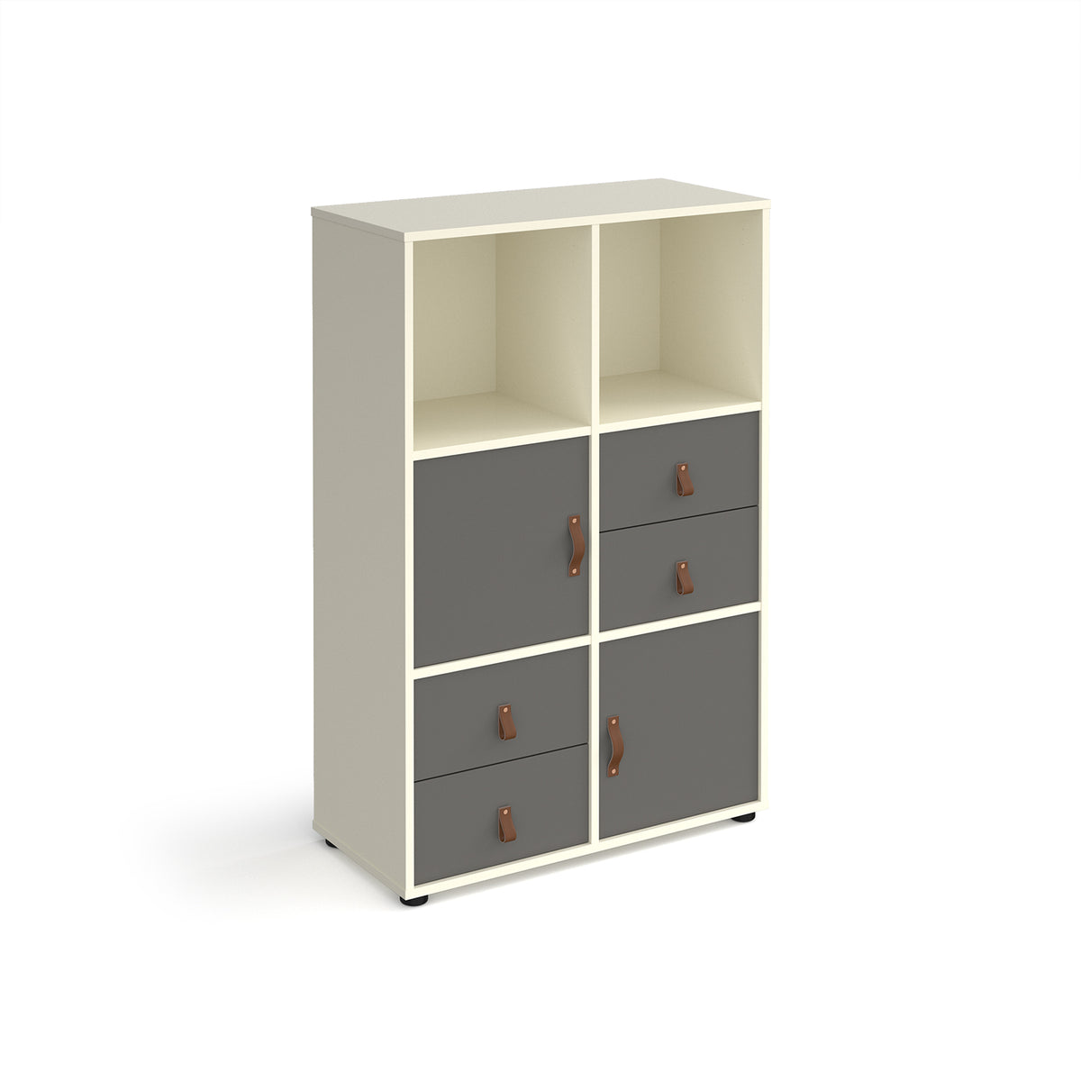 Universal cube storage unit 1295mm high on glides with 2 cupboards and 2 sets of drawers - white with grey inserts - view 1