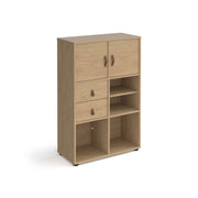Universal cube storage unit 1295mm high on glides with matching shelf, 2 cupboards and drawers - oak with oak inserts - view 1
