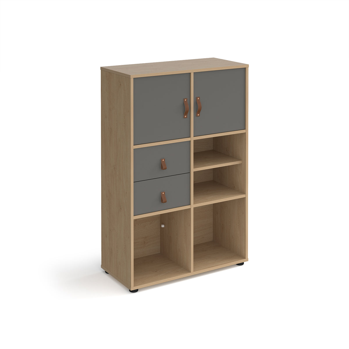 Universal cube storage unit 1295mm high on glides with matching shelf, 2 cupboards and drawers - oak with grey inserts - view 1