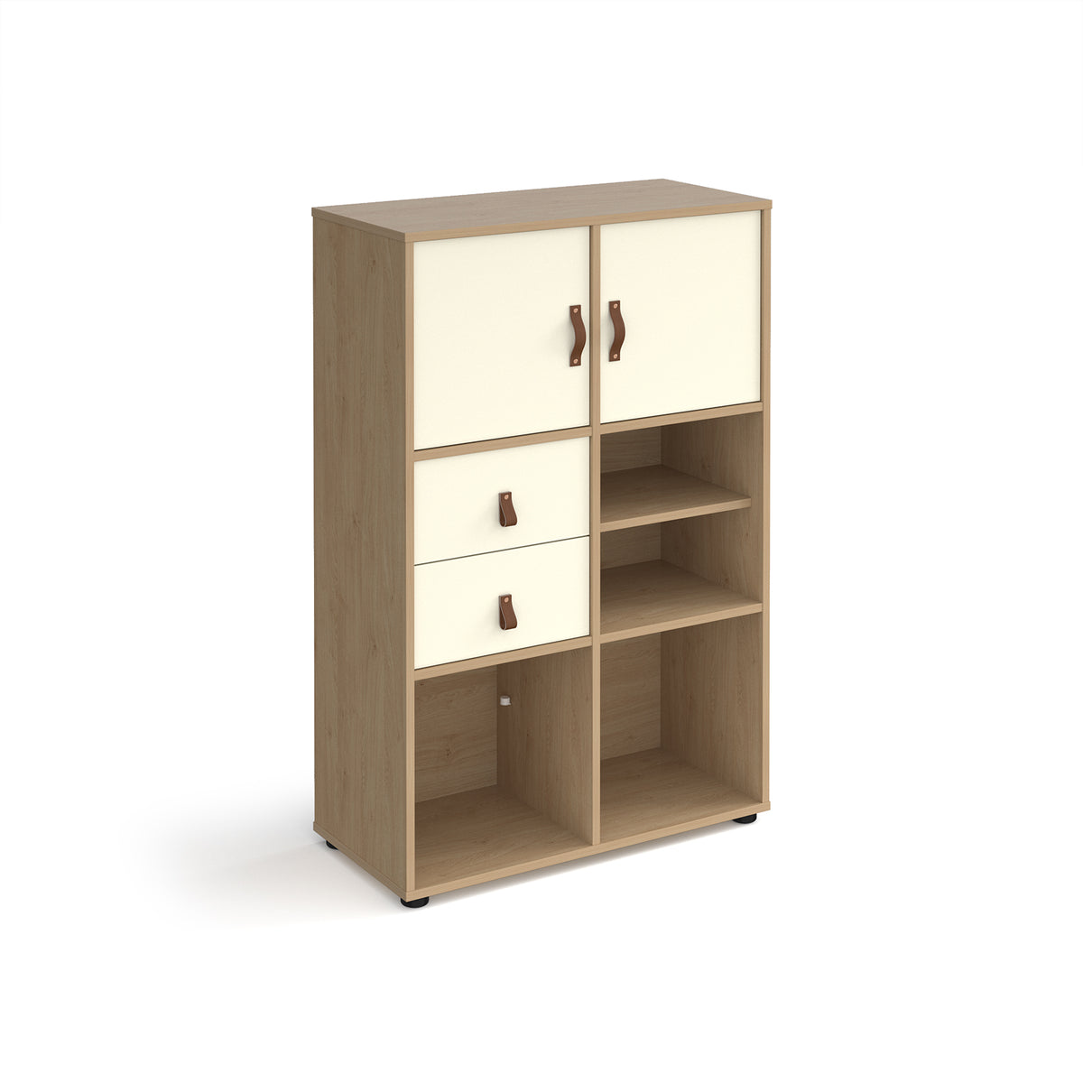 Universal cube storage unit 1295mm high on glides with matching shelf, 2 cupboards and drawers - oak with white inserts - view 1