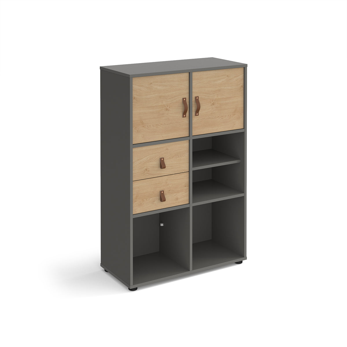 Universal cube storage unit 1295mm high on glides with matching shelf, 2 cupboards and drawers - grey with oak inserts - view 1