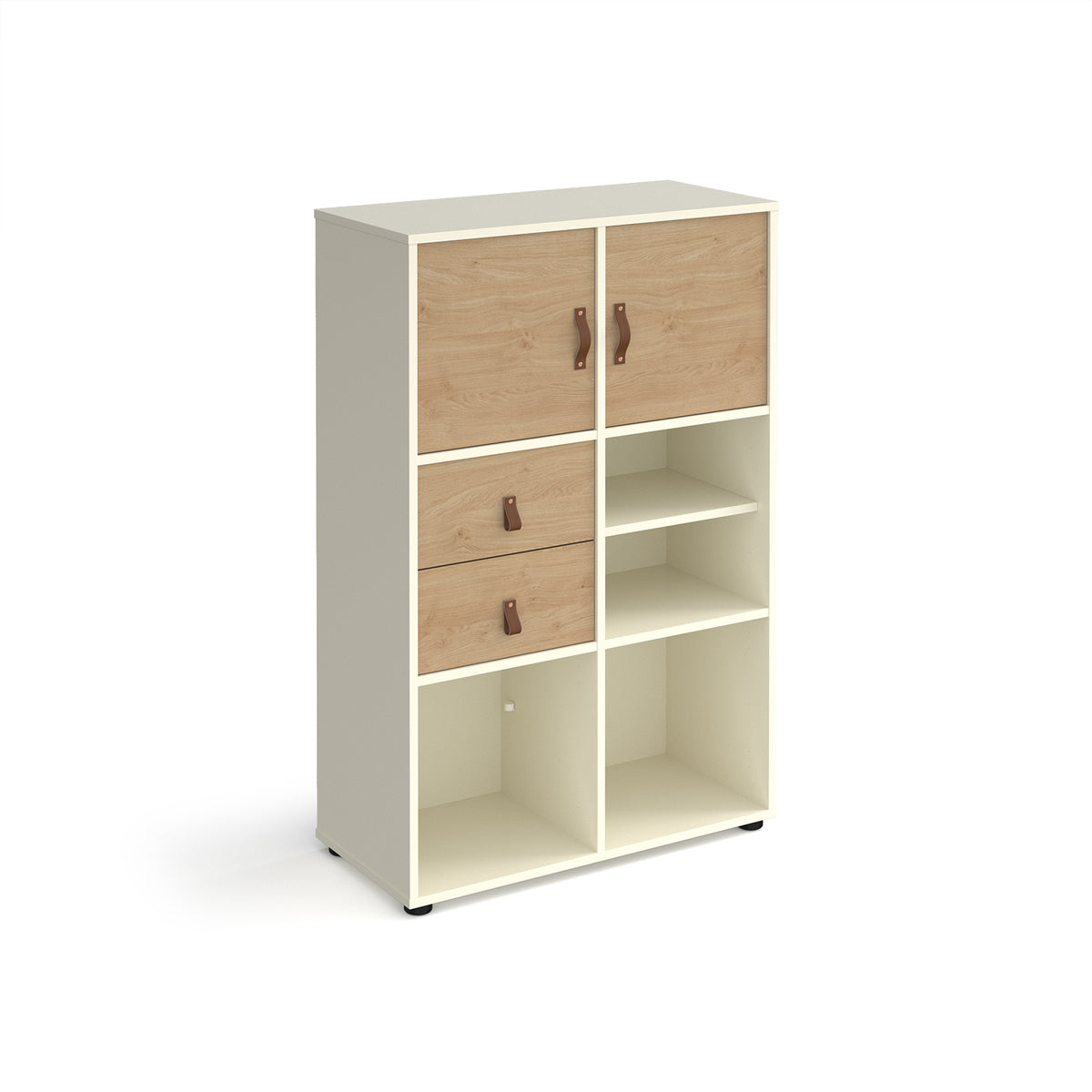 Universal cube storage unit 1295mm high on glides with matching shelf, 2 cupboards and drawers - white with oak inserts - view 1