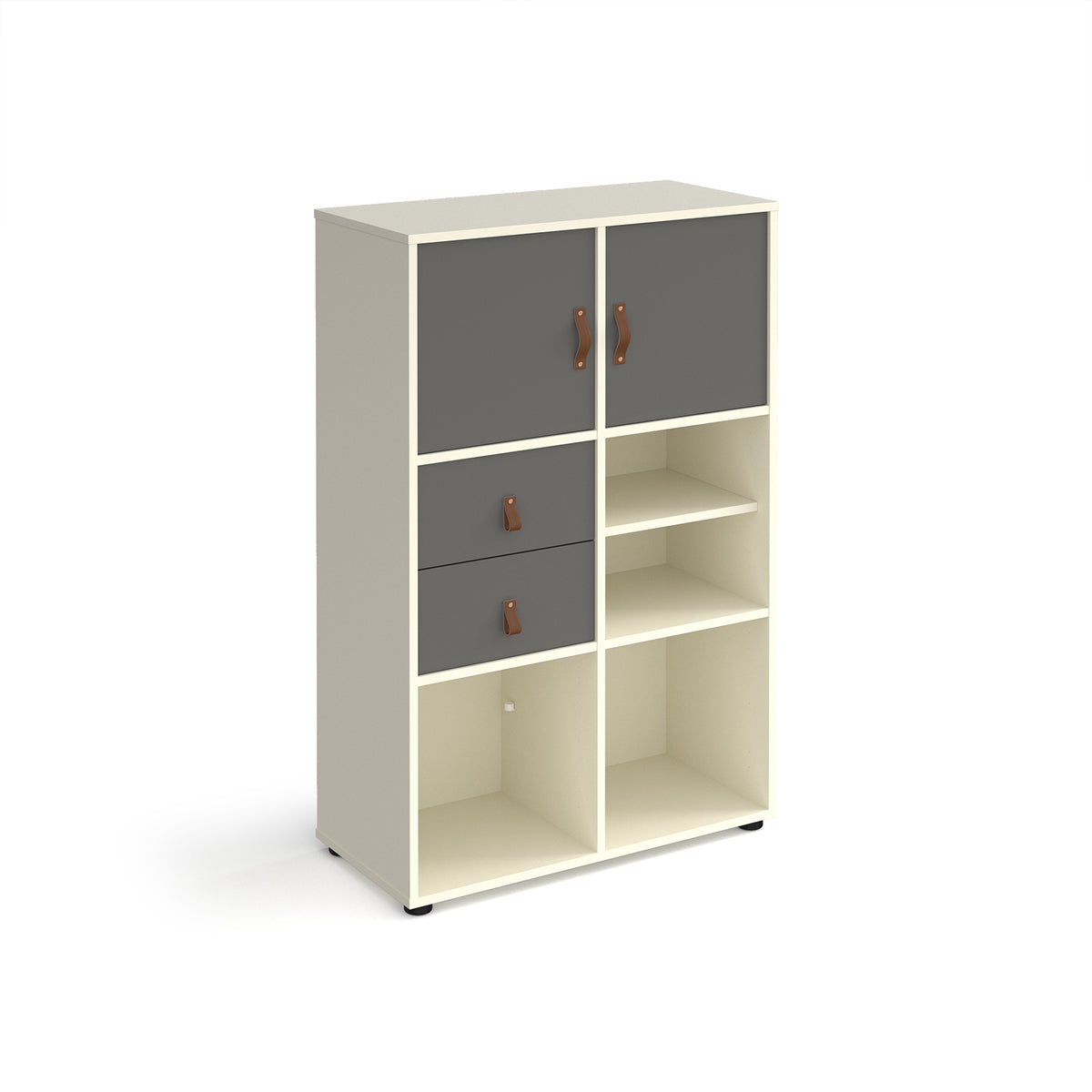 Universal cube storage unit 1295mm high on glides with matching shelf, 2 cupboards and drawers - white with grey inserts - view 1