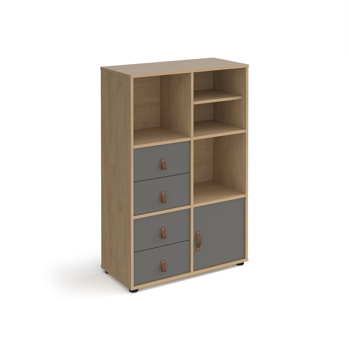 Universal cube storage unit 1295mm high on glides with matching shelf, cupboard and 2 sets of drawers - oak with grey inserts - view 1