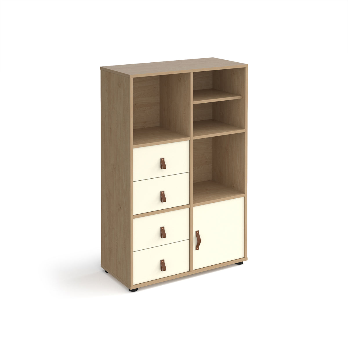 Universal cube storage unit 1295mm high on glides with matching shelf, cupboard and 2 sets of drawers - oak with white inserts - view 1
