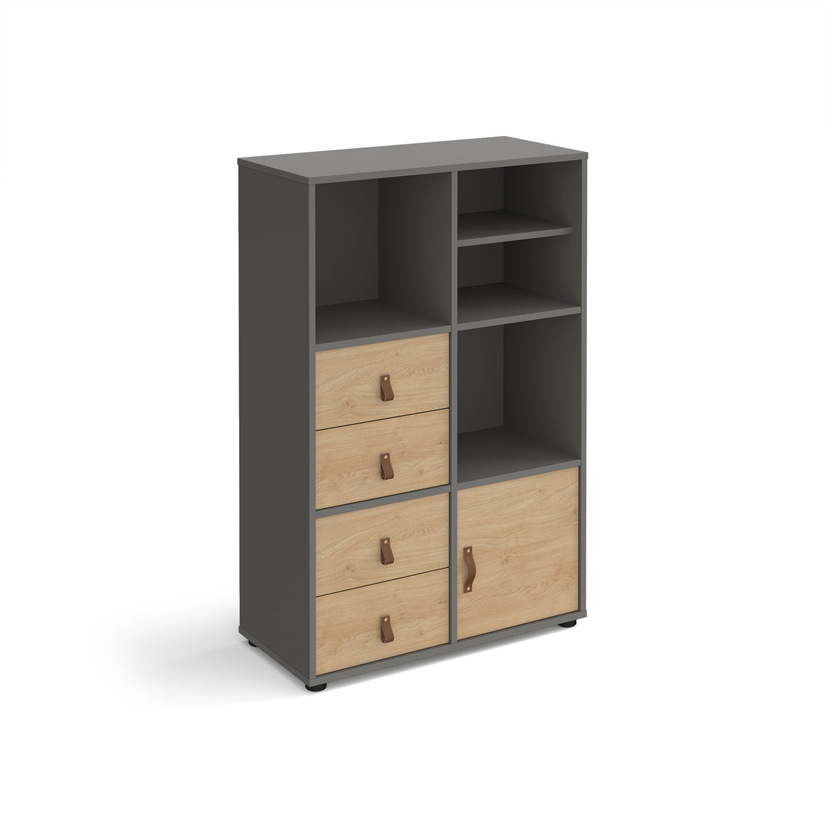 Universal cube storage unit 1295mm high on glides with matching shelf, cupboard and 2 sets of drawers - grey with oak inserts - view 1