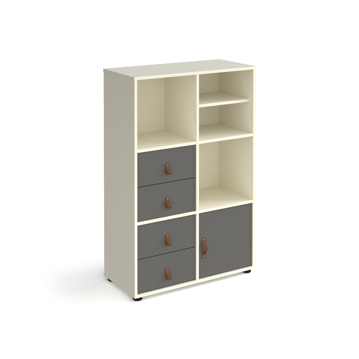 Universal cube storage unit 1295mm high on glides with matching shelf, cupboard and 2 sets of drawers - white with grey inserts - view 1