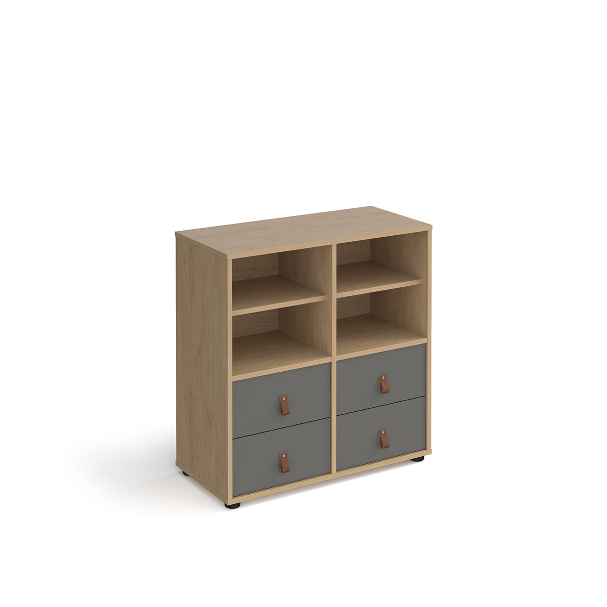 Universal cube storage unit 875mm high on glides with 2 matching shelves and 2 sets of drawers - oak with grey inserts - view 1