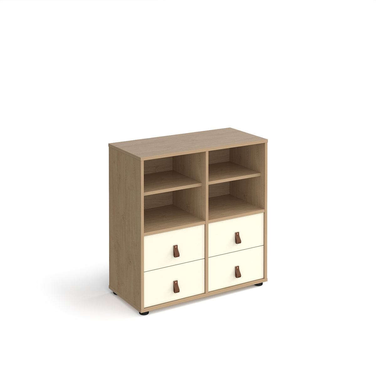 Universal cube storage unit 875mm high on glides with 2 matching shelves and 2 sets of drawers - oak with white inserts - view 1