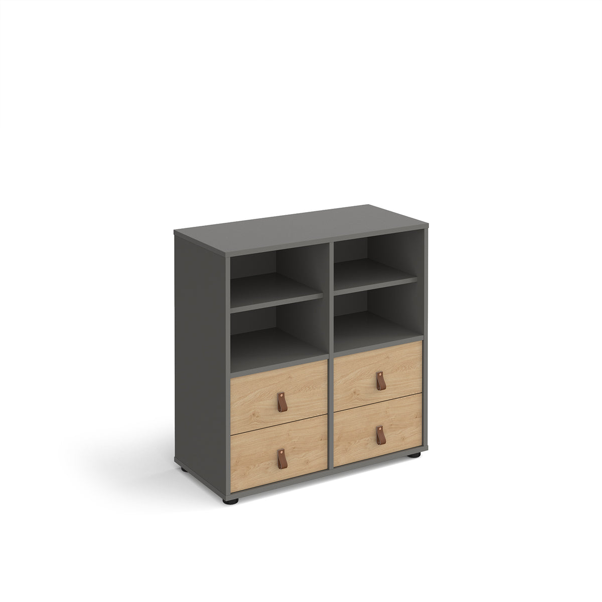 Universal cube storage unit 875mm high on glides with 2 matching shelves and 2 sets of drawers - grey with oak inserts - view 1