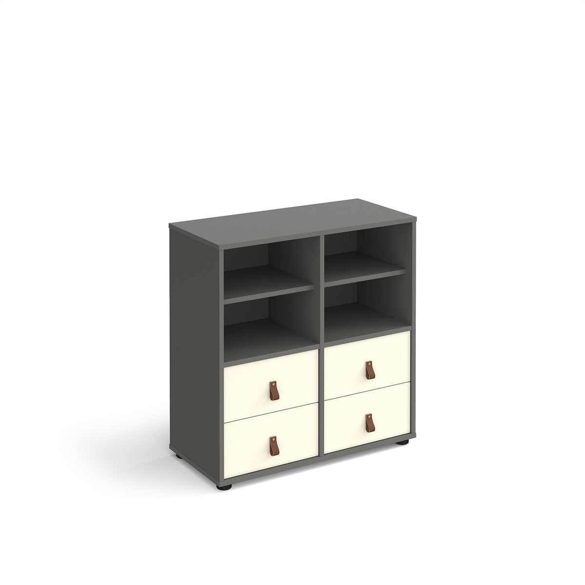 Universal cube storage unit 875mm high on glides with 2 matching shelves and 2 sets of drawers - grey with white inserts - view 1
