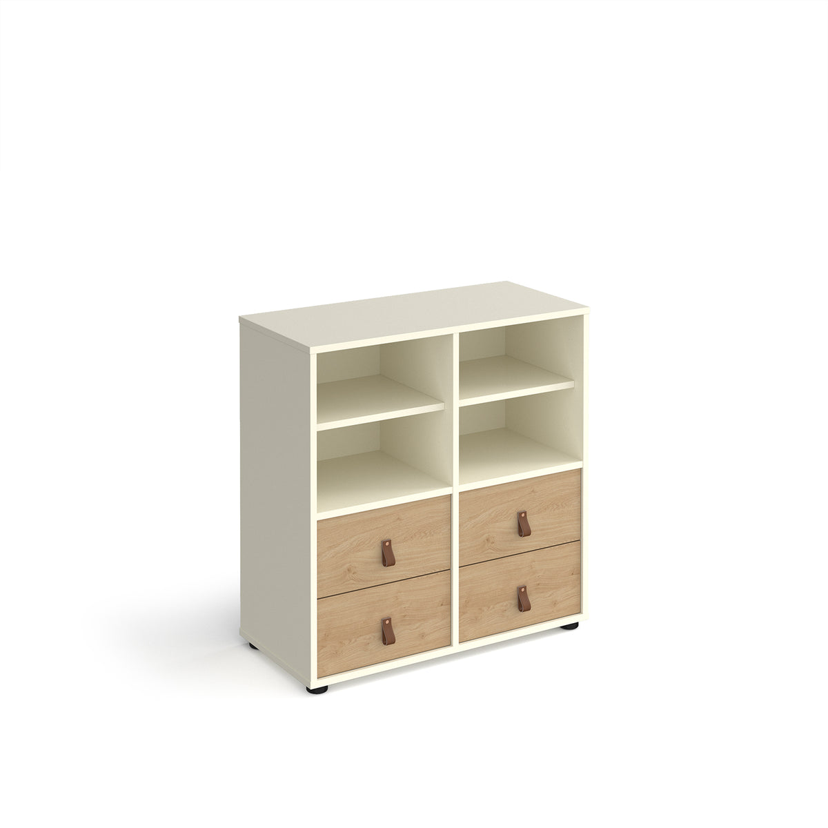 Universal cube storage unit 875mm high on glides with 2 matching shelves and 2 sets of drawers - white with oak inserts - view 1