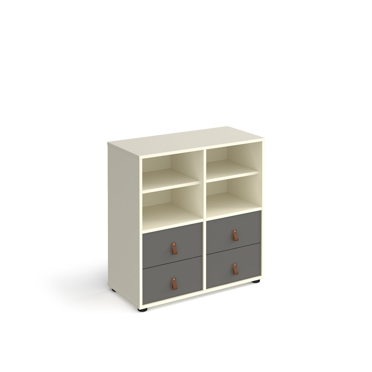 Universal cube storage unit 875mm high on glides with 2 matching shelves and 2 sets of drawers - white with grey inserts - view 1