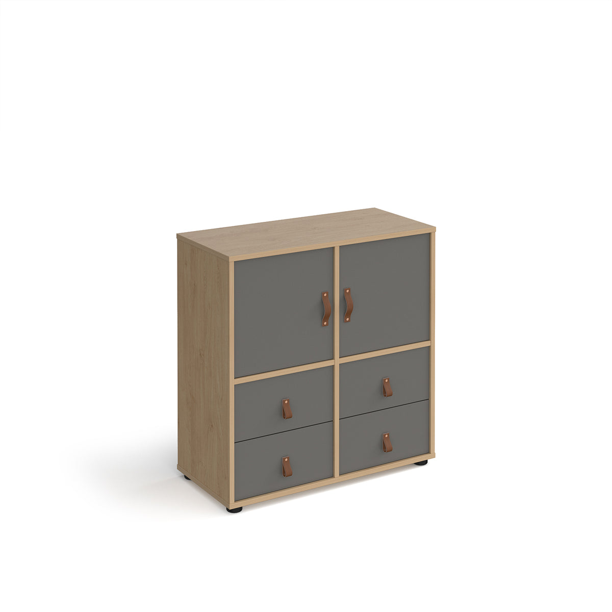 Universal cube storage unit 875mm high on glides with 2 cupboards and 2 sets of drawers - oak with grey inserts - view 1