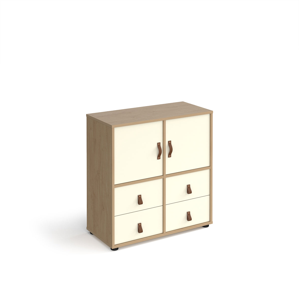 Universal cube storage unit 875mm high on glides with 2 cupboards and 2 sets of drawers - oak with white inserts - view 1