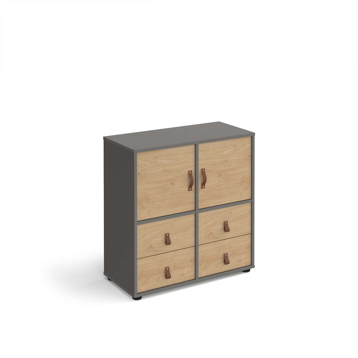 Universal cube storage unit 875mm high on glides with 2 cupboards and 2 sets of drawers - grey with oak inserts - view 1