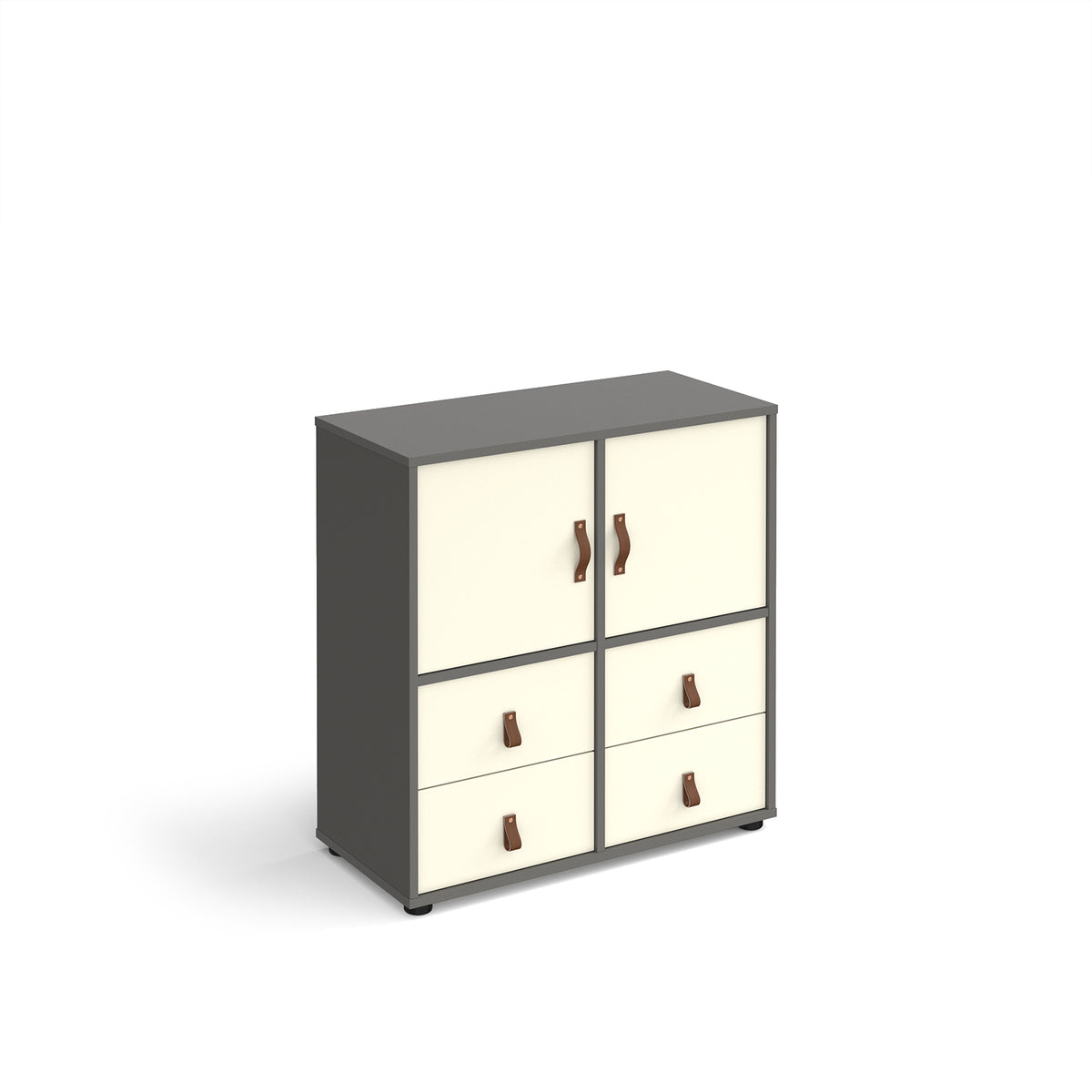 Universal cube storage unit 875mm high on glides with 2 cupboards and 2 sets of drawers - grey with white inserts - view 1