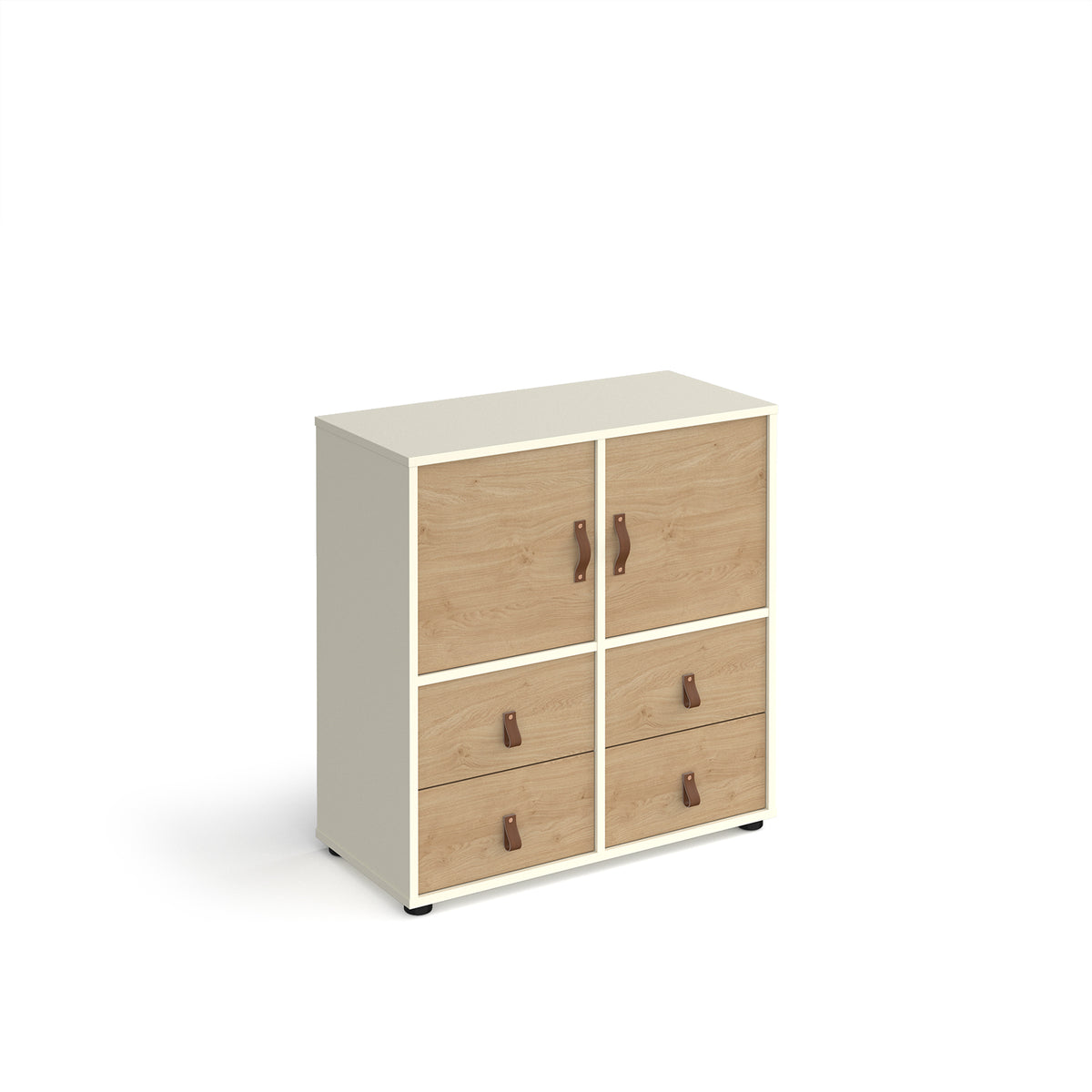 Universal cube storage unit 875mm high on glides with 2 cupboards and 2 sets of drawers - white with oak inserts - view 1